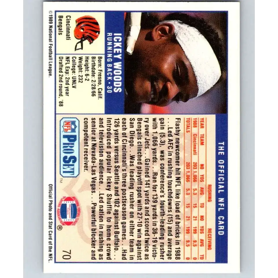 1989 Pro Set #70 Ickey Woods NM-MT RC Rookie Cincinnati Bengals Football Card