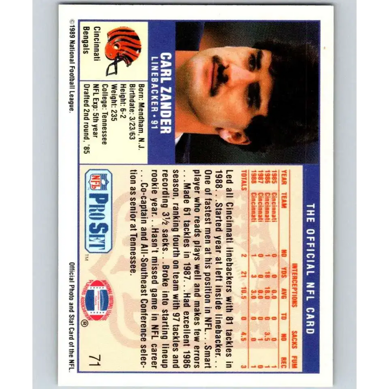 1989 Pro Set #71 Carl Zander NM-MT Cincinnati Bengals Football Card - Football Card Single