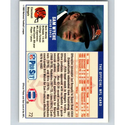 1989 Pro Set #72 Sam Wyche CO NM-MT Cincinnati Bengals Football Card