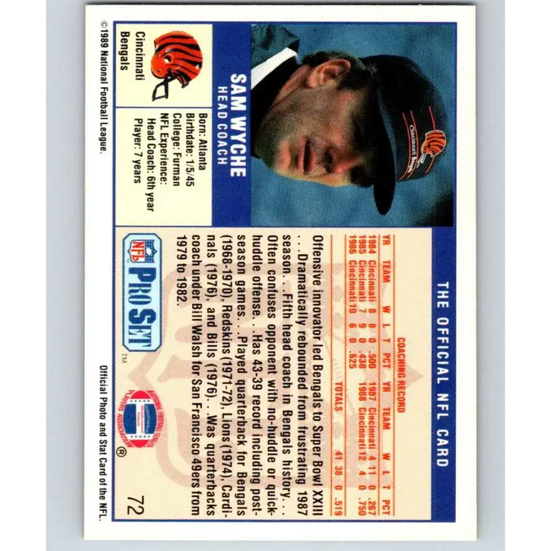 1989 Pro Set #72 Sam Wyche CO NM-MT Cincinnati Bengals Football Card - Football Card Single