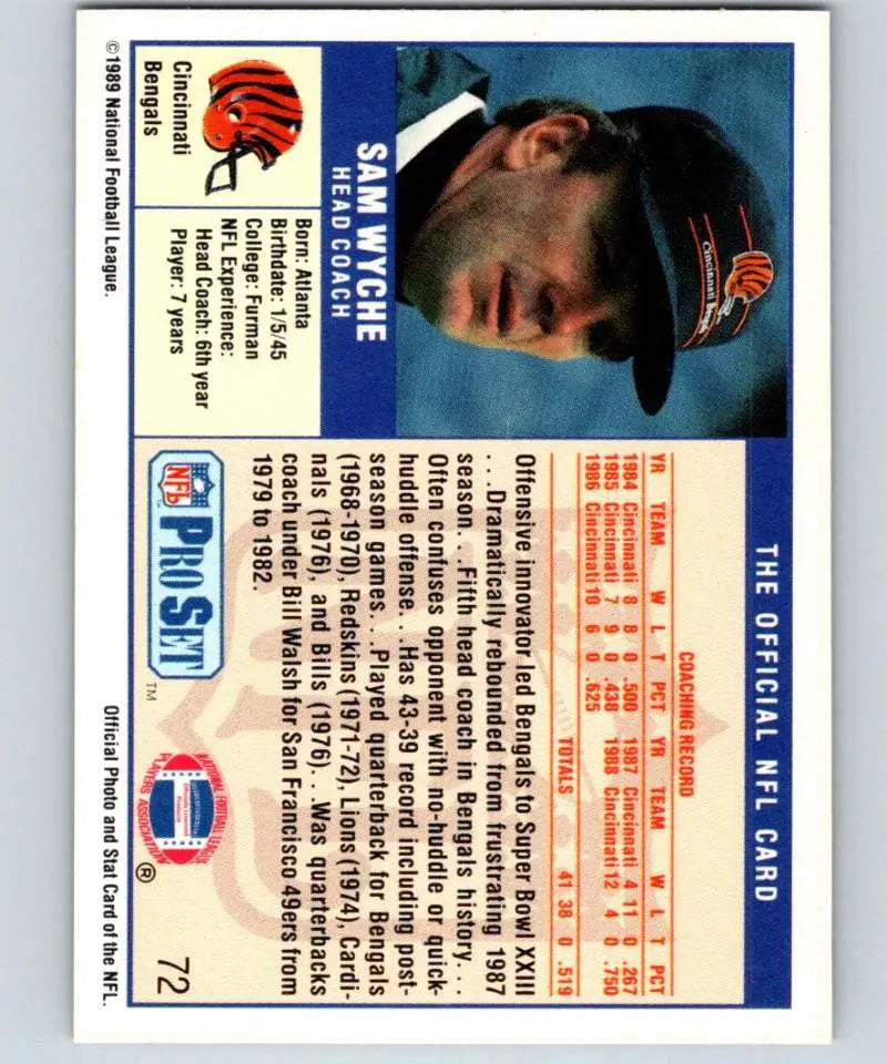 1989 Pro Set #72 Sam Wyche EX Excellent Cincinnati Bengals Football Card - Football Card Single