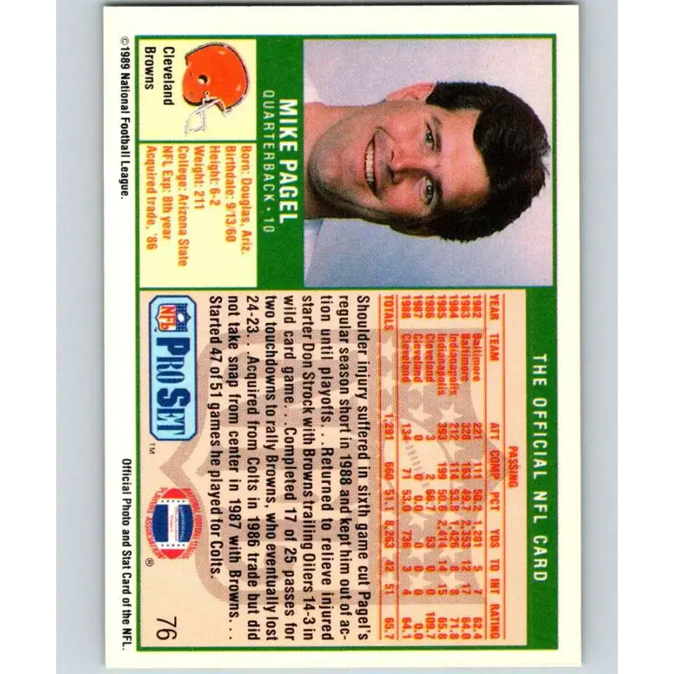 1989 Pro Set #76 Mike Pagel NM-MT Cleveland Browns Football Card - Football Card Single