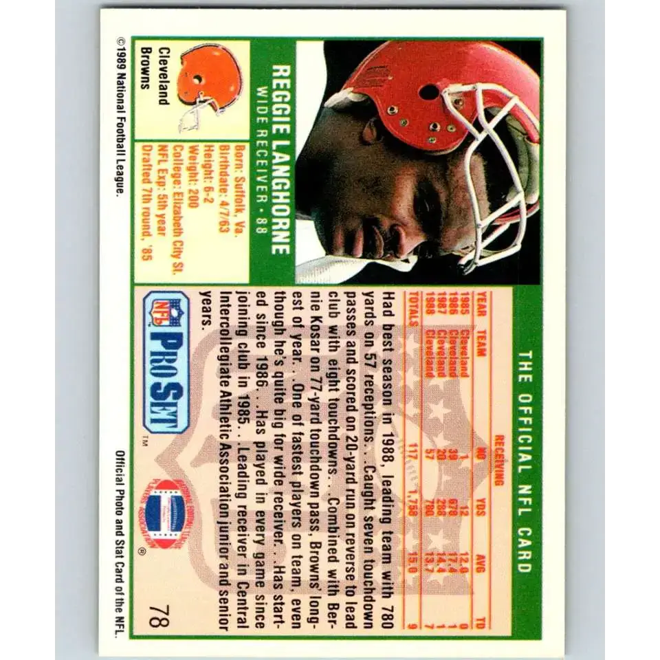 1989 Pro Set #78 Reggie Langhorne NM-MT RC Rookie Cleveland Browns Football Card - Football Card Single