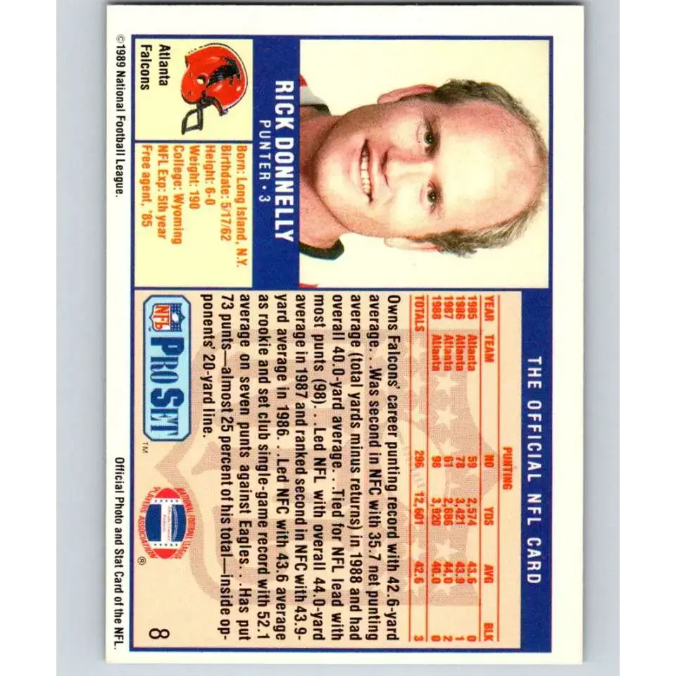 1989 Pro Set #8 Rick Donnelly NM-MT Atlanta Falcons Football Card - Football Card Single