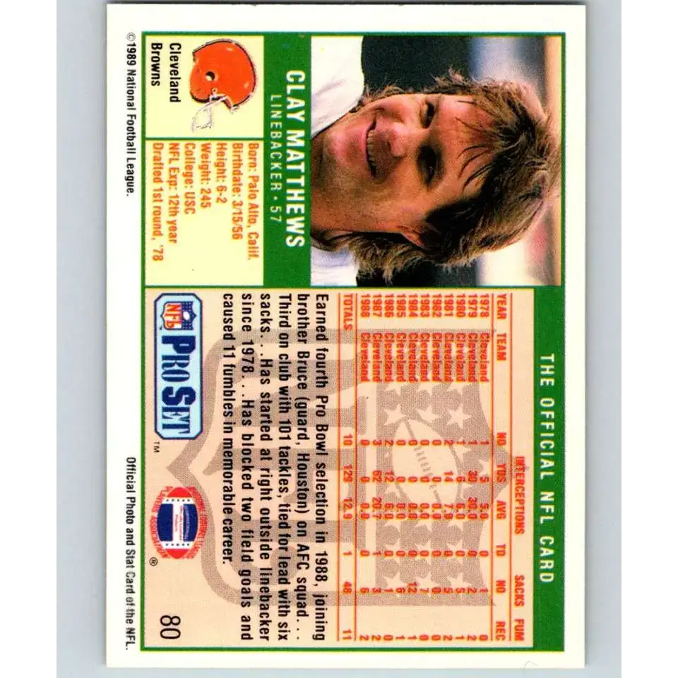 1989 Pro Set #80 Clay Matthews NM-MT Cleveland Browns Football Card - Football Card Single