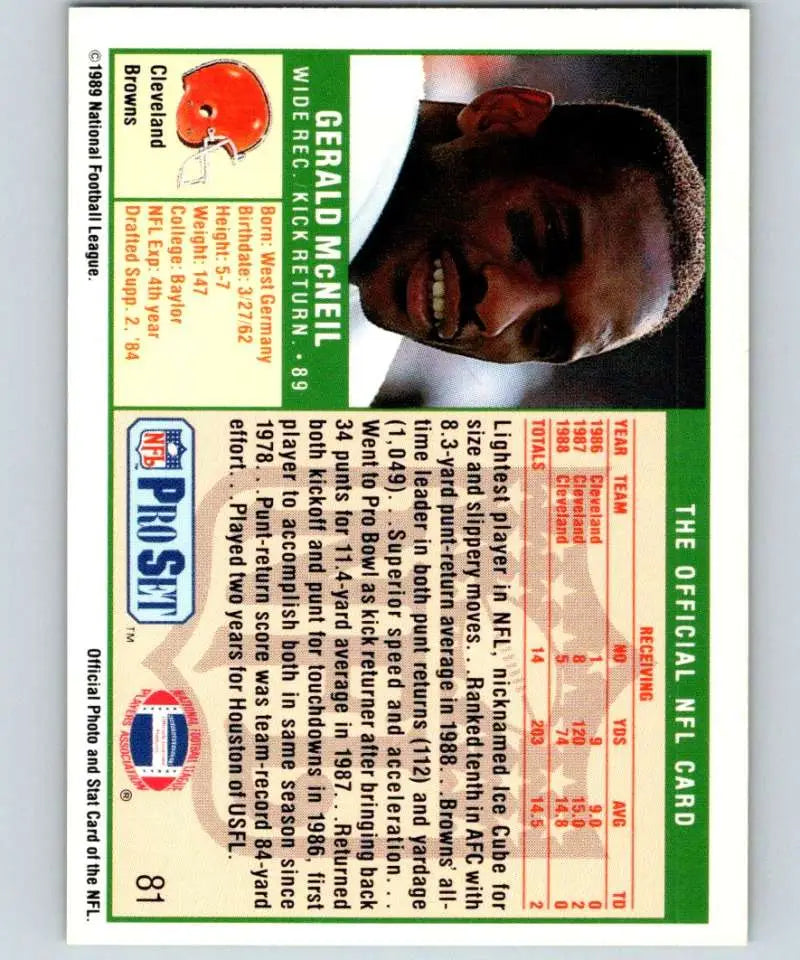 1989 Pro Set #81 Gerald McNeil EX Excellent Cleveland Browns Football Card - Football Card Single
