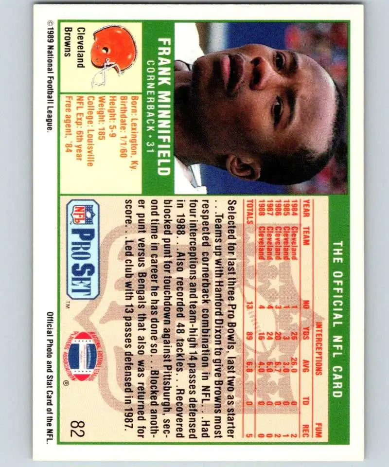 1989 Pro Set #82 Frank Minnifield EX Excellent Cleveland Browns Football Card - Football Card Single