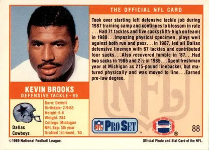1989 Pro Set Kevin Brooks football card with original gloss, ID 45507