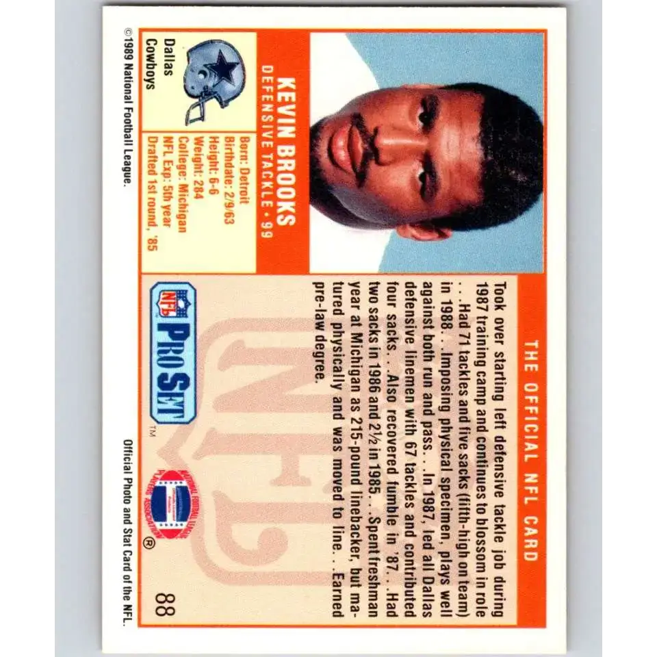 1989 Pro Set #88 Kevin Brooks NM-MT Dallas Cowboys Football Card