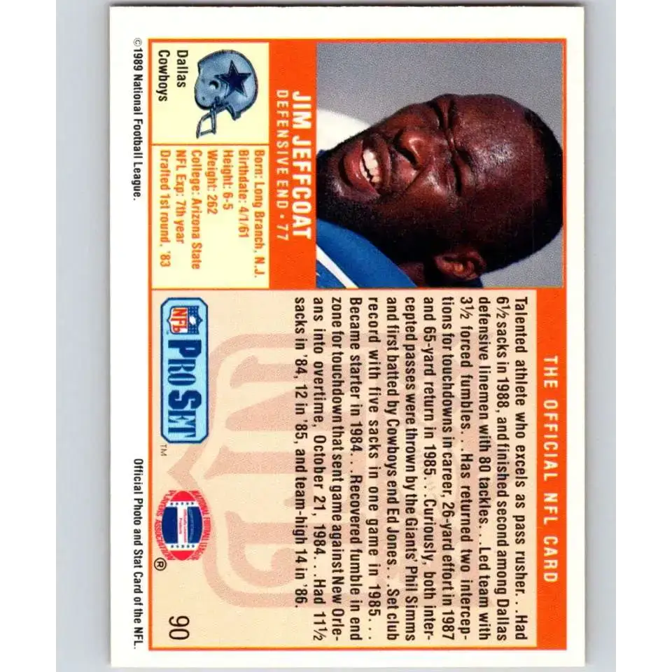 1989 Pro Set #90 Jim Jeffcoat NM-MT Dallas Cowboys Football Card