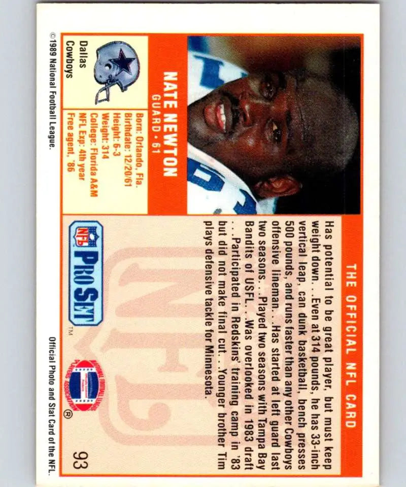 1989 Pro Set #93 Nate Newton EX Excellent RC Rookie Dallas Cowboys Football Card - Football Card Single