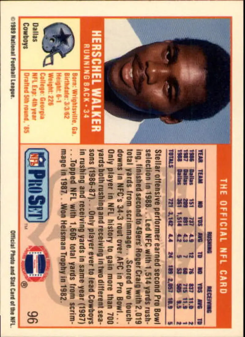 1989 Pro Set #96 Herschel Walker EX Excellent Dallas Cowboys Football Card - Football Card Single