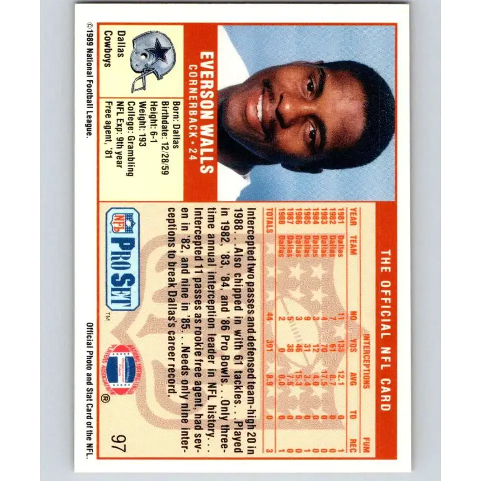 1989 Pro Set #97 Everson Walls NM-MT Dallas Cowboys Football Card