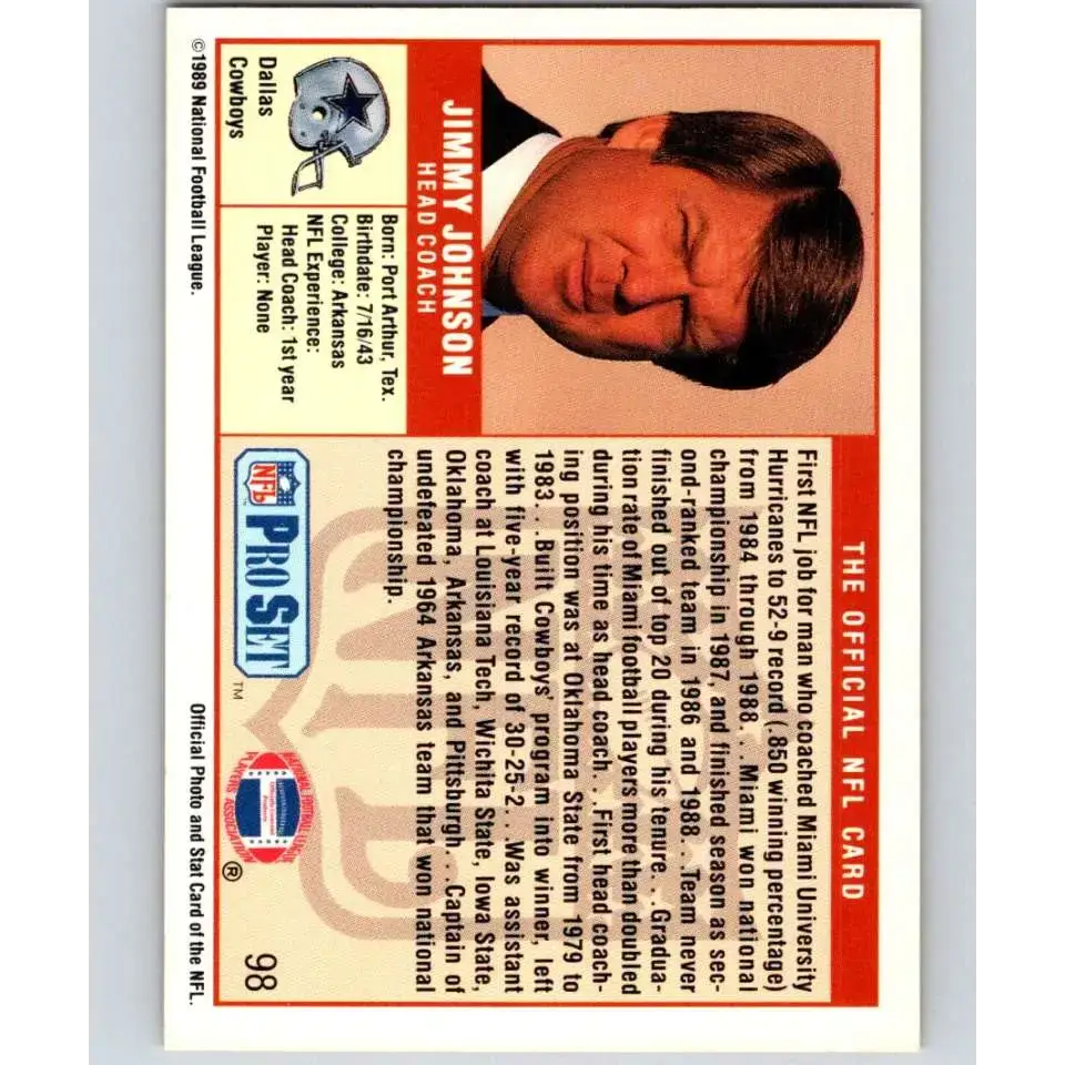 1989 Pro Set #98 Jimmy Johnson CO NM-MT RC Rookie Dallas Cowboys Football Card - Football Card Single