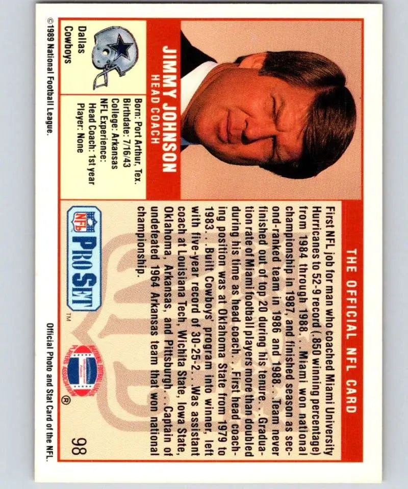 1989 Pro Set #98 Jimmy Johnson EX Excellent RC Rookie Dallas Cowboys Football Card - Football Card Single