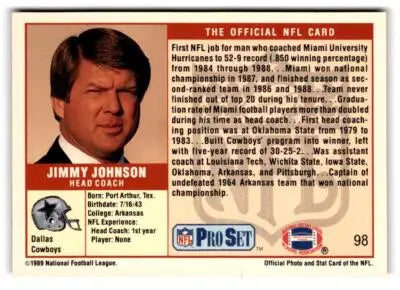 Vintage Jimmy Johnson 1989 Pro Set football card featuring Dallas Cowboys coach