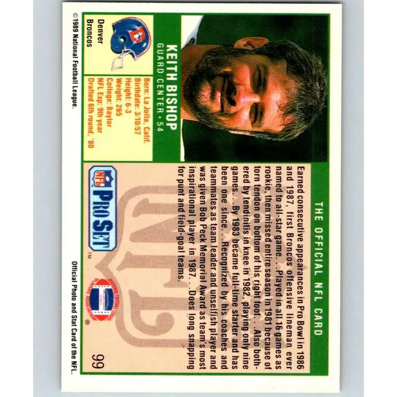 1989 Pro Set #99 Keith Bishop NM-MT Denver Broncos Football Card - Football Card Single