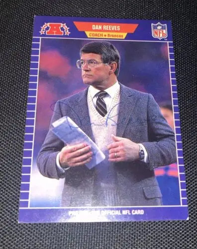 Dan Reeves football card from 1989 Pro Set, hand-signed, Denver Broncos memorabilia