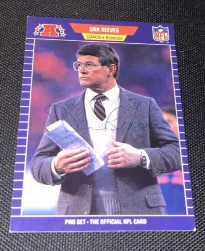 Dan Reeves football card from 1989 Pro Set, hand signed, Denver Broncos memorabilia
