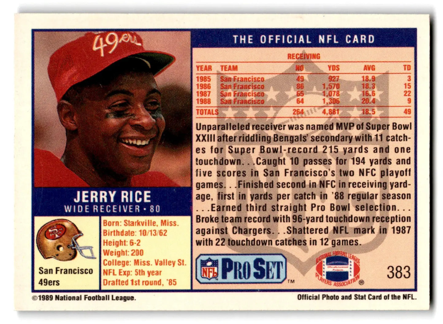 Football Jerry Rice 1989 Pro Set card featuring San Francisco 49ers wide receiver