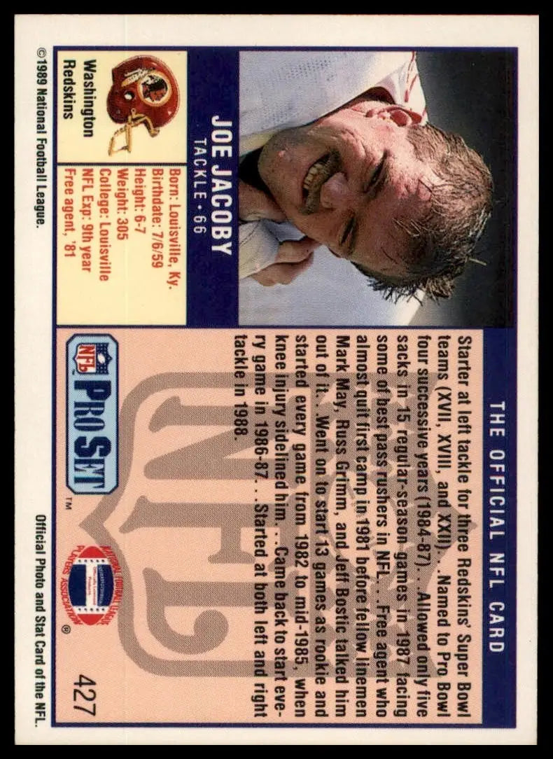 1989 Pro Set Joe Jacoby #427 Washington Redskins Football Card NFL Sports - Football Card Single