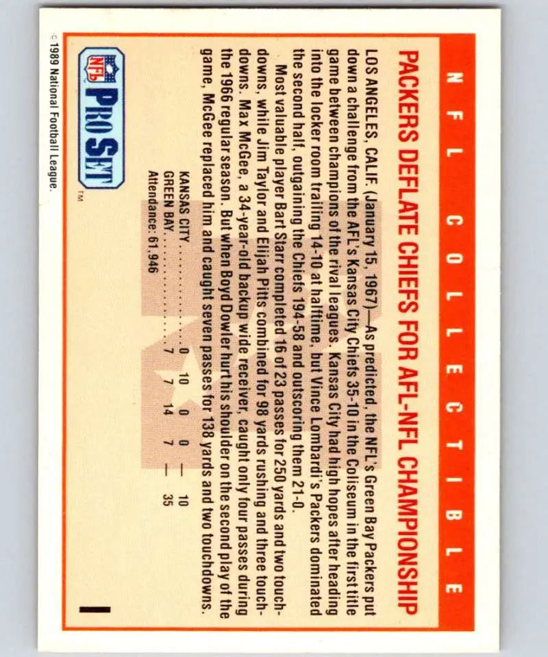 1989 Pro Set Super Bowl Logos #1 Super Bowl I EX Excellent Green Bay Packers/Kansas City Chiefs Football Card