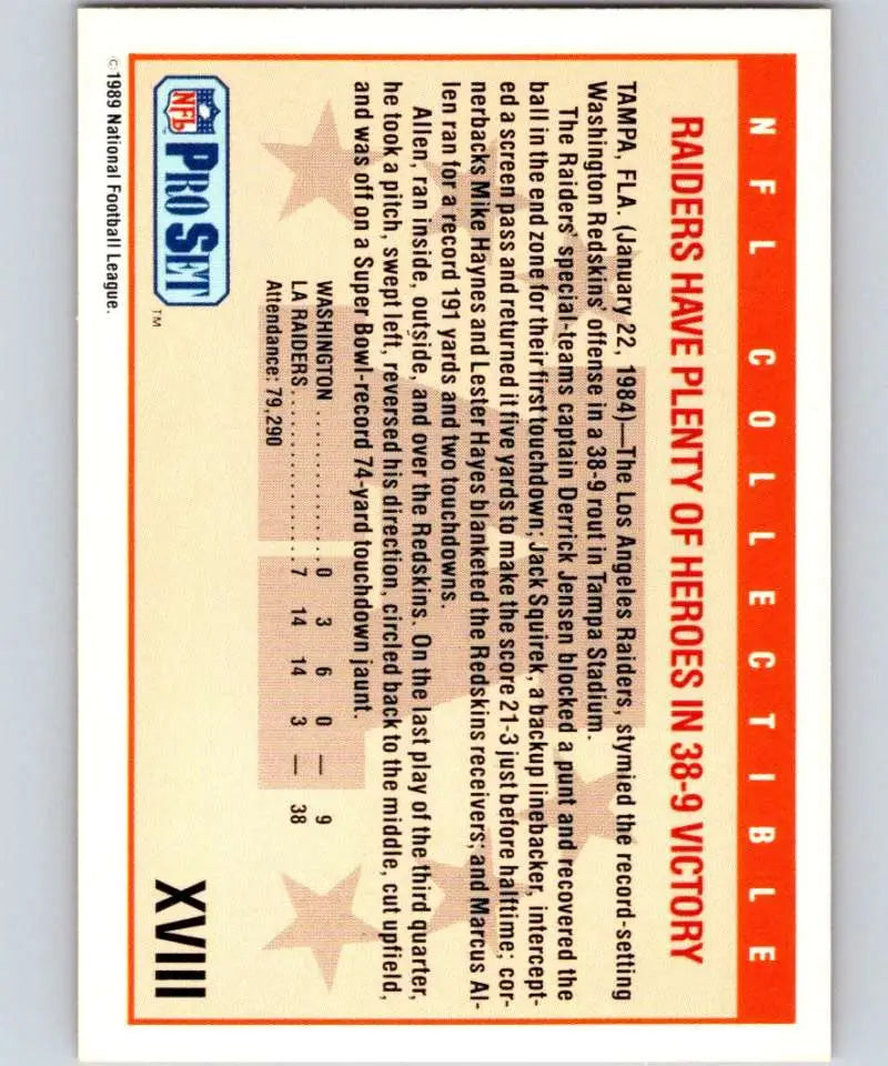 1989 Pro Set Super Bowl Logos #18 Super Bowl XVIII EX Excellent Los Angeles Raiders/Washington Redskins Football Card