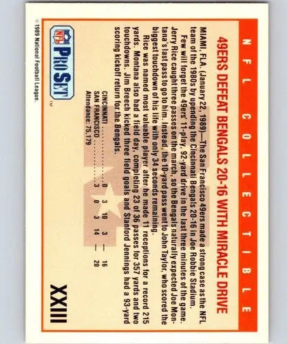 Back of a 1989 Pro Set Super Bowl XXIII football card in near mint condition