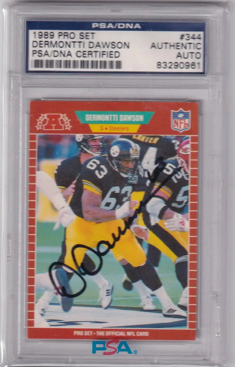 Signed Demontti Dawson PSA/DNA football card from 1989 Proset Auto #344, Pittsburgh Steelers
