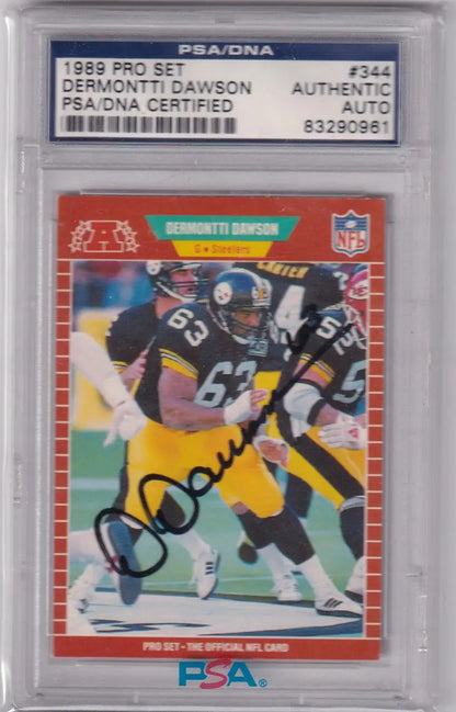 Signed Demontti Dawson PSA/DNA football card from 1989 Proset Auto #344, Pittsburgh Steelers