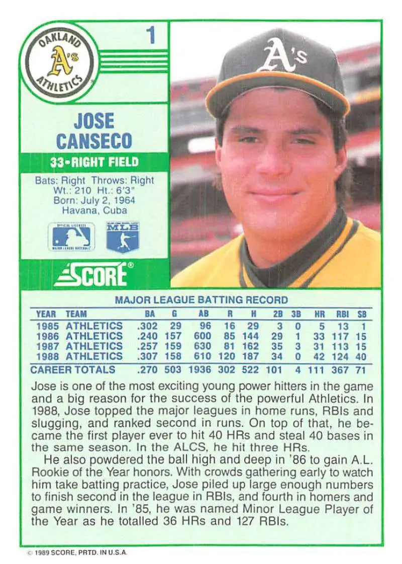 1989 Score #1 Jose Canseco NM-MT Athletics ID:80245 - Baseball Card Single