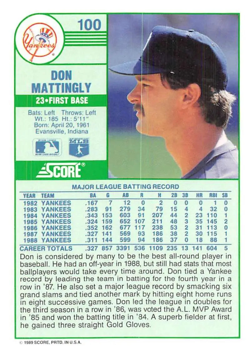 1989 Score #100 Don Mattingly NM-MT New York Yankees Baseball Card - Baseball Card Single