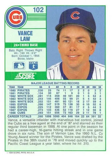 1989 Score #102 Vance Law NM-MT Cubs ID:80294 - Baseball Card Single