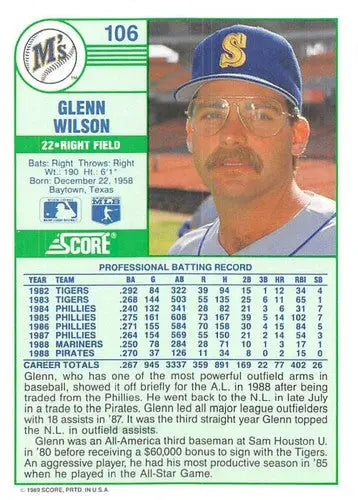 1989 Score #106 Glenn Wilson NM-MT Mariners ID:80242 - Baseball Card Single