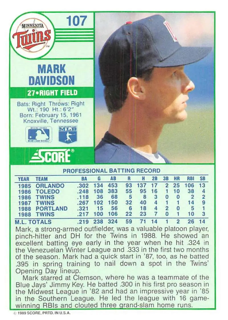 1989 Score #107 Mark Davidson NM-MT Minnesota Twins Baseball Card - Baseball Card Single