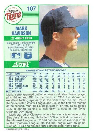 1989 Score #107 Mark Davidson NM-MT Twins ID:80296 - Baseball Card Single