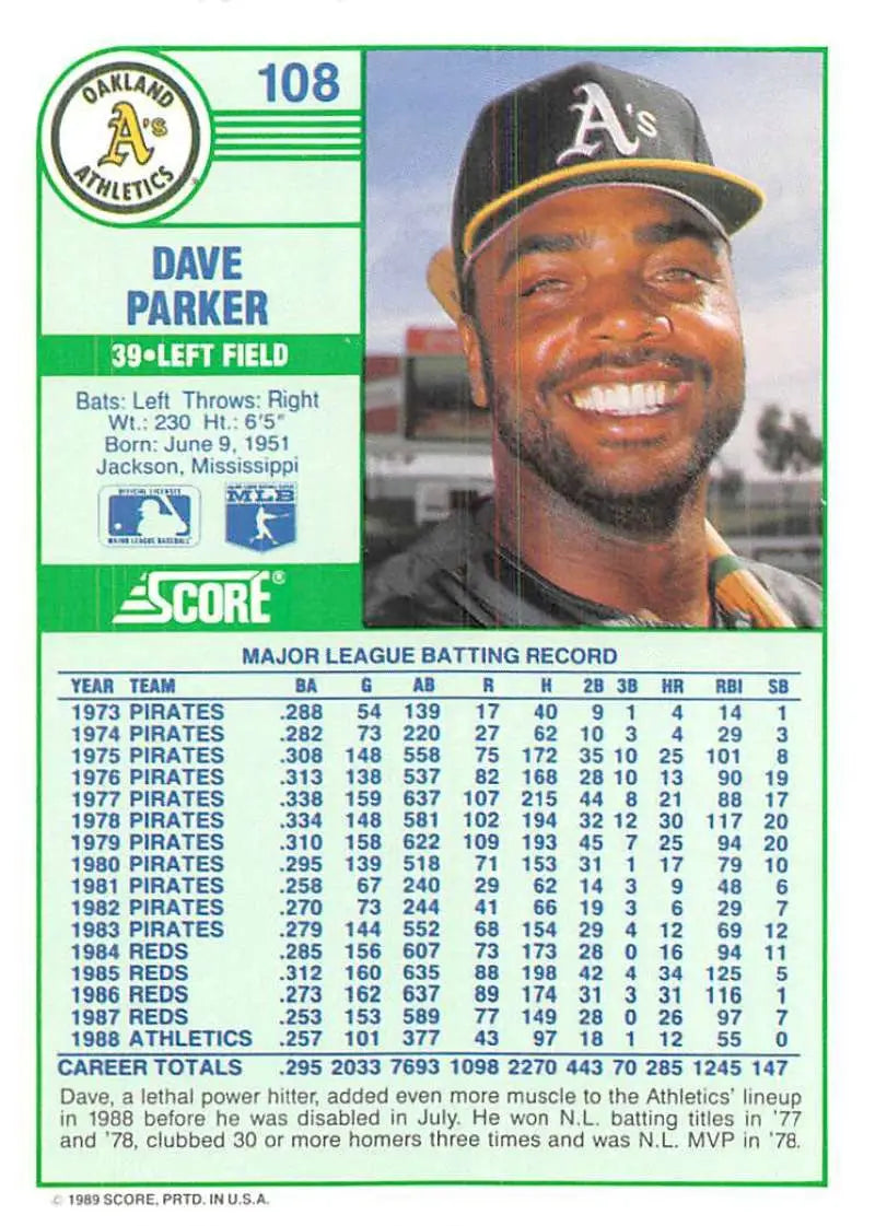 1989 Score #108 Dave Parker NM-MT Oakland Athletics Baseball Card - Baseball Card Single