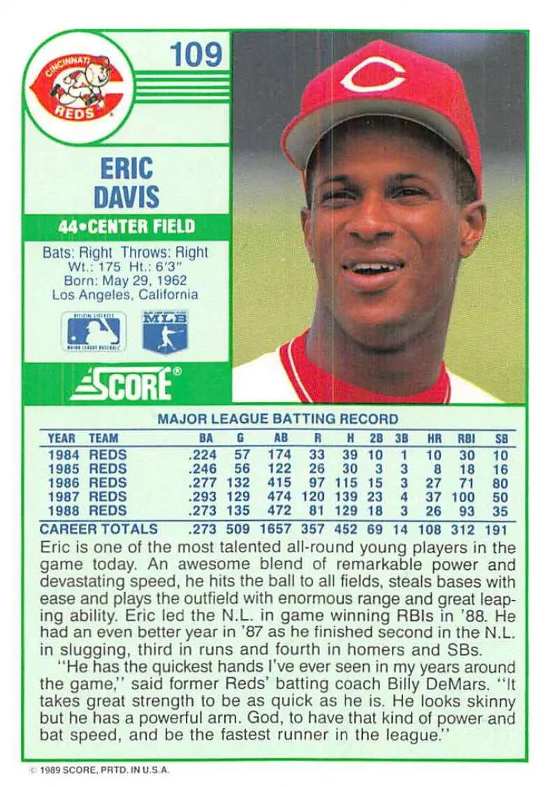 1989 Score #109 Eric Davis NM-MT Cincinnati Reds Baseball Card - Baseball Card Single