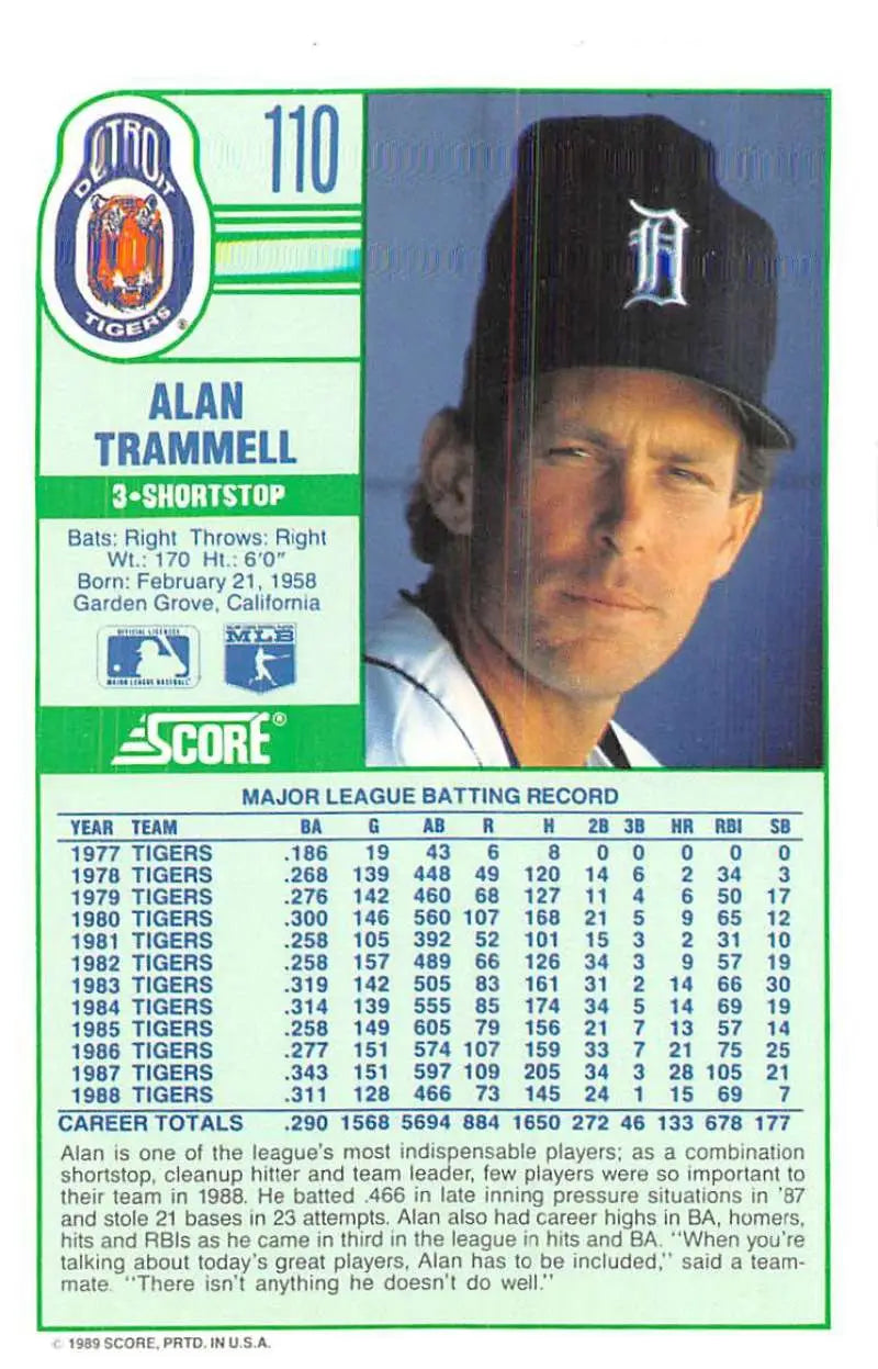 1989 Score #110 Alan Trammell NM-MT Detroit Tigers Baseball Card - Baseball Card Single