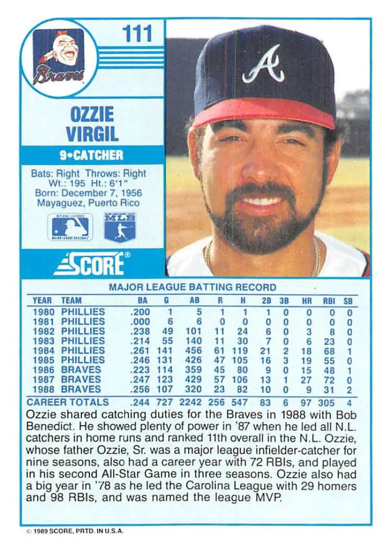 1989 Score #111 Ozzie Virgil NM-MT Atlanta Braves Baseball Card - Baseball Card Single