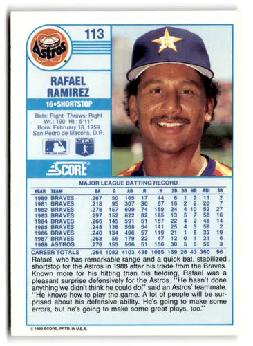 1989 Score #113 Rafael Ramirez EX/NM Astros ID:66760 - Baseball Card Single