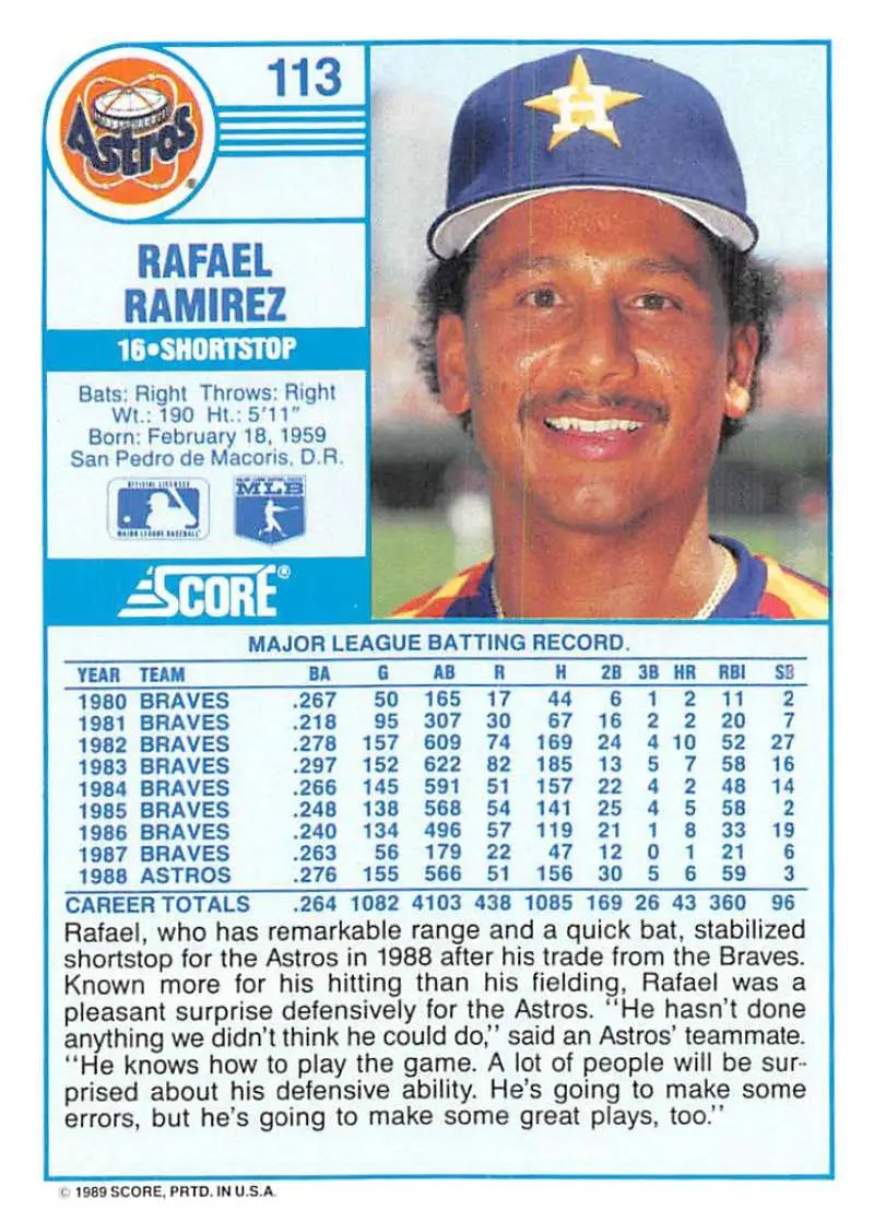 1989 Score #113 Rafael Ramirez NM-MT Houston Astros Baseball Card - Baseball Card Single
