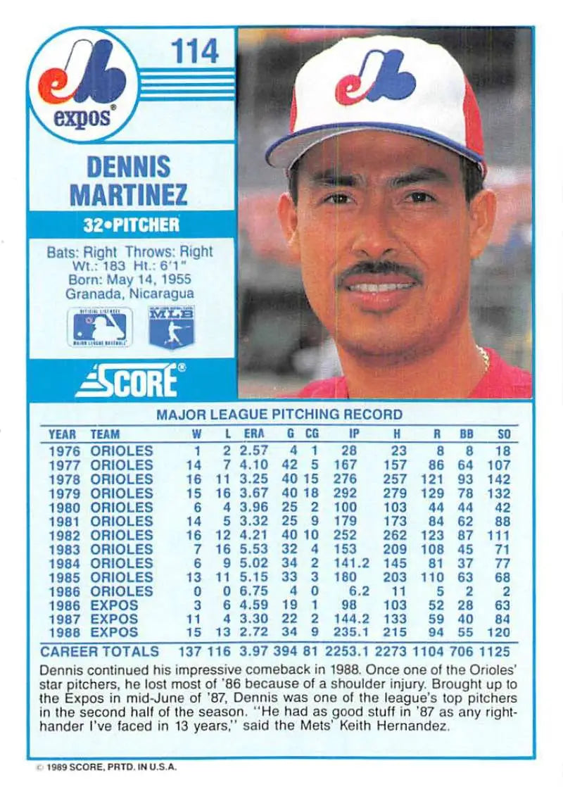 1989 Score #114 Dennis Martinez NM-MT Montreal Expos Baseball Card - Baseball Card Single