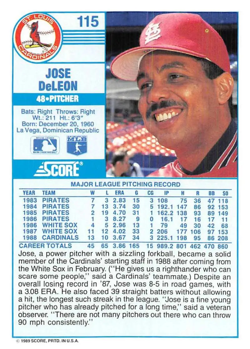 1989 Score #115 Jose DeLeon NM-MT St. Louis Cardinals Baseball Card - Baseball Card Single
