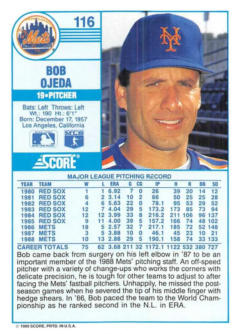 1989 Score #116 Bob Ojeda NM-MT Mets ID:80301 - Baseball Card Single