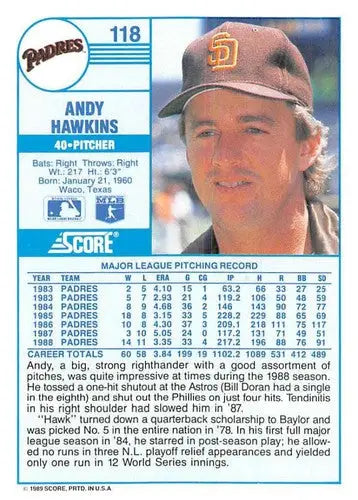 1989 Score #118 Andy Hawkins NM-MT Padres ID:80302 - Baseball Card Single