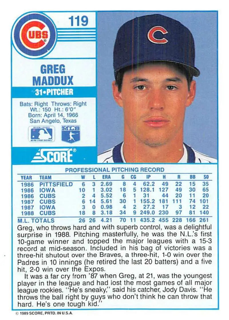 1989 Score #119 Greg Maddux NM-MT Chicago Cubs Baseball Card - Baseball Card Single