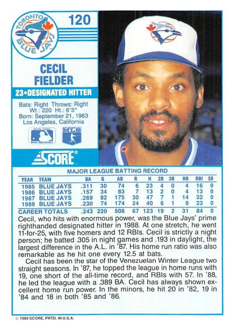 1989 Score #120 Cecil Fielder NM-MT Toronto Blue Jays Baseball Card - Baseball Card Single