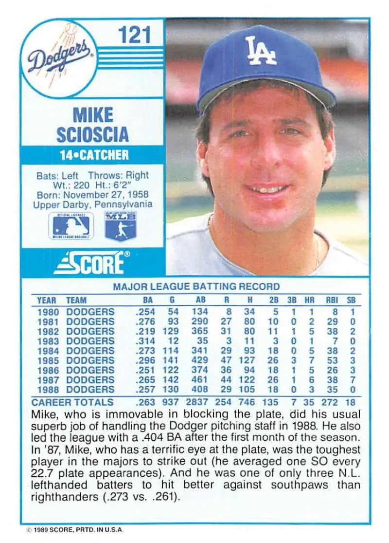 1989 Score #121 Mike Scioscia NM-MT Los Angeles Dodgers Baseball Card - Baseball Card Single