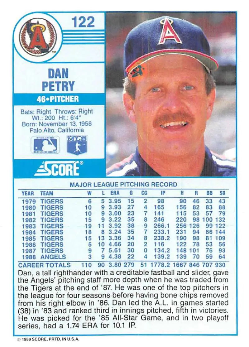 1989 Score #122 Dan Petry NM-MT California Angels Baseball Card - Baseball Card Single